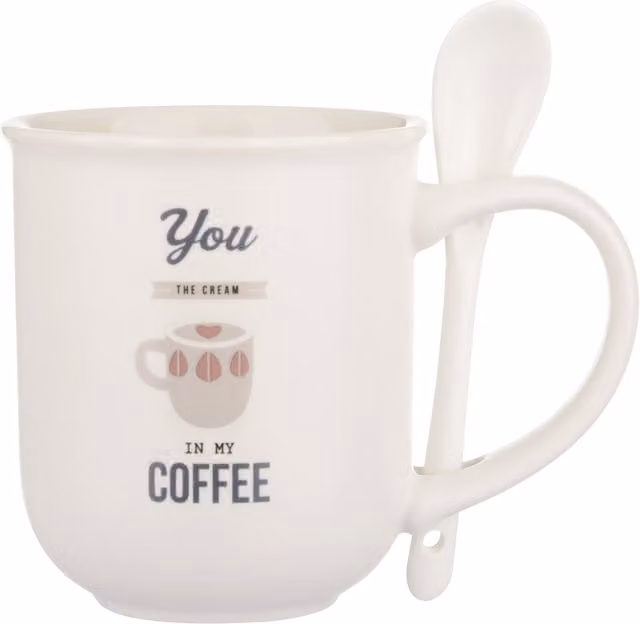 Mug da caffè KASANOVA in ceramica bianca con cucchiaino, capacità 400 ml