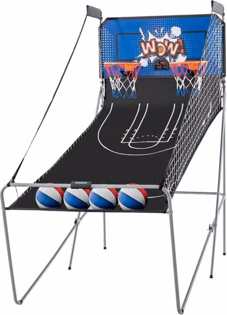 Macchina da pallacanestro arcade pieghevole con doppio canestro e punteggio elettronico, colore blu, H: 206 cm, L: 110 cm, P: 206 cm