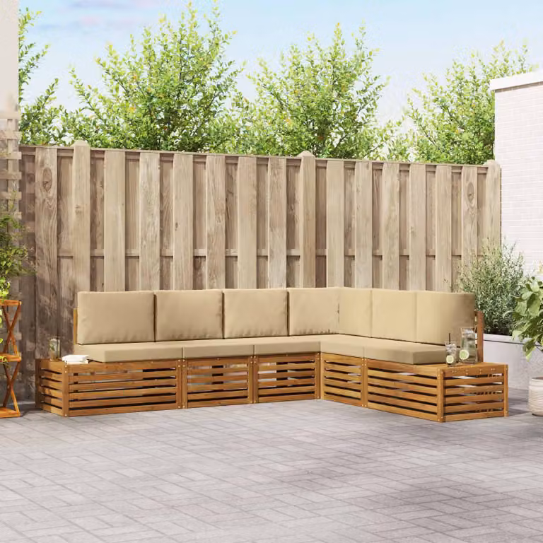 Set di 6 divani da esterno vidaXL a forma di L in legno di acacia con cuscini, colore marrone e beige