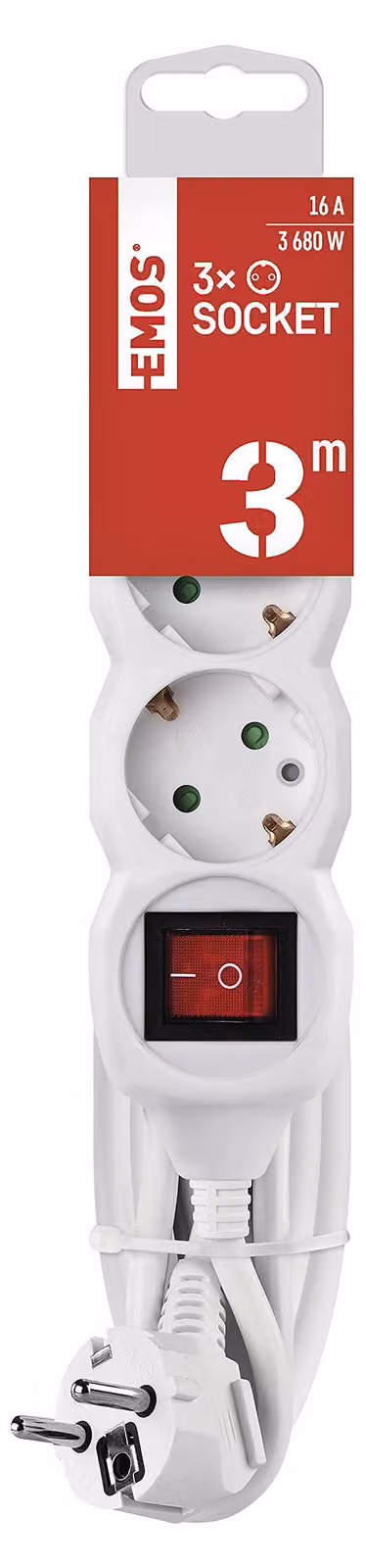 EMOS P1323R Presa multipla 3 volte con interruttore, cavo 3 m, bianco, 1,5 mm, prese ruotate di 45°, presa multipla Schuko 3 volte con blocco di sicurezza per bambini, IP20 per uso interno