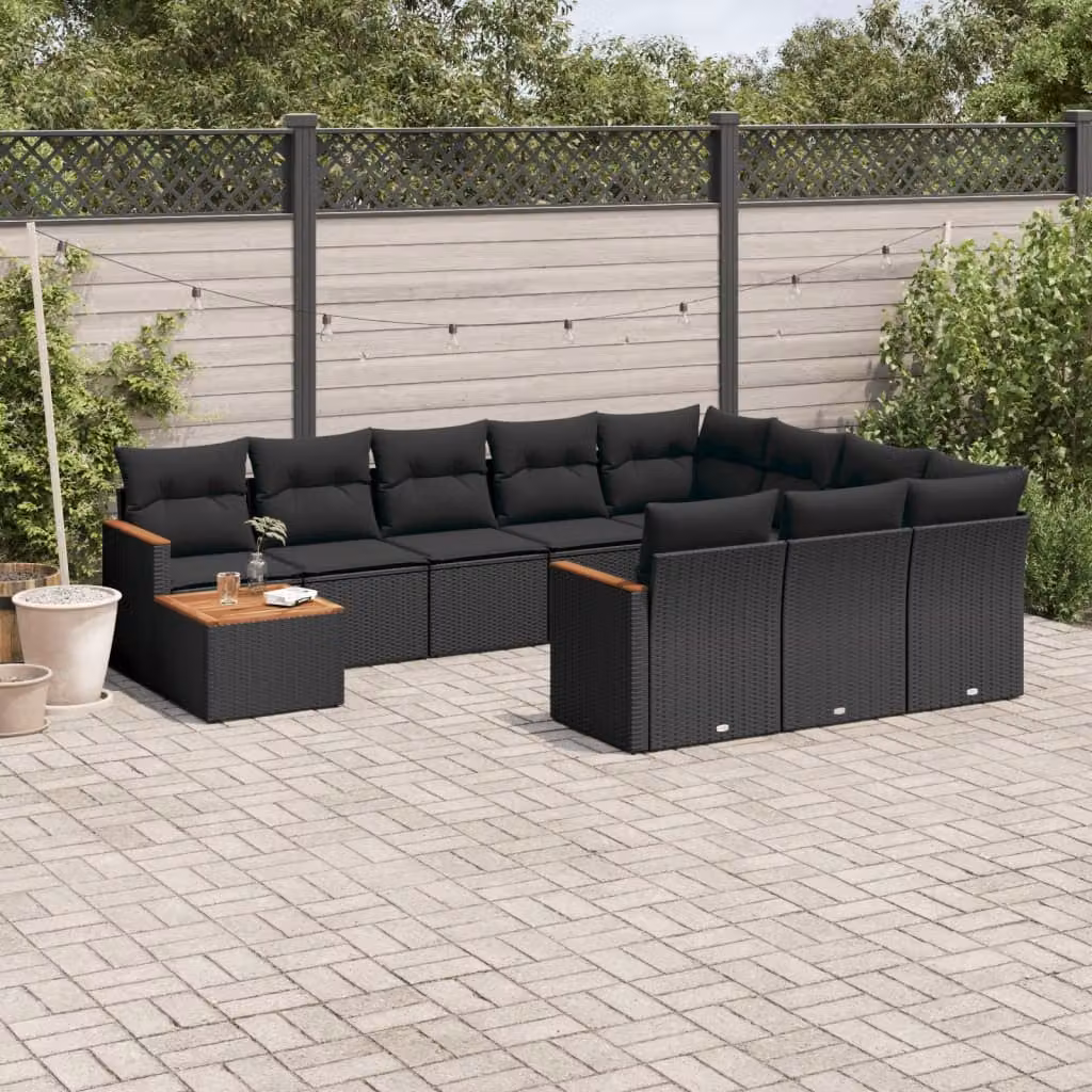 vidaXL Set Divani da Giardino 11 pz in Polyrattan Nero con Cuscini e Tavolino da Esterno – 1