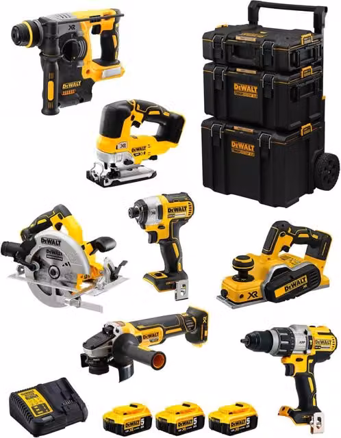 Kit utensili DeWALT DWK701 con avvitatore, trapano, smerigliatrice, seghetto, troncatrice, motosega, 3 batterie da 5,0 Ah e caricabatterie, colore giallo