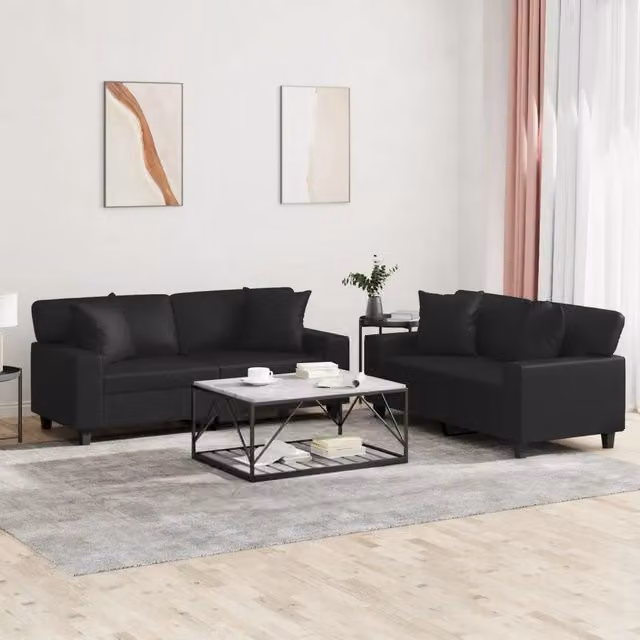 Set di 2 divani moderni vidaXL in similpelle nera con cuscini inclusi – 1