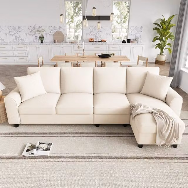 Divano angolare modulare 280 x 136 x 82 cm; 3 posti chaise longue contenitore portabicchieri; soggiorno; ciniglia; beige