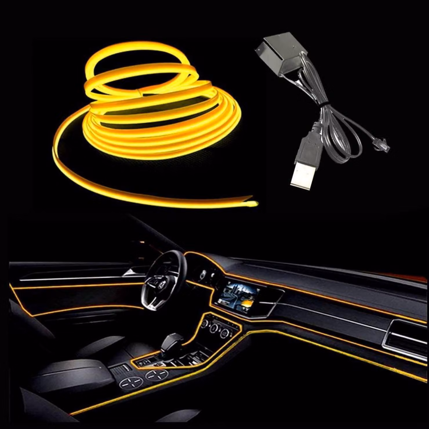 EL-Wire giallo, 10 metri, tubo neon flessibile a corrente continua (DC) 5V, striscia luminosa per interni auto, ideale per la decorazione