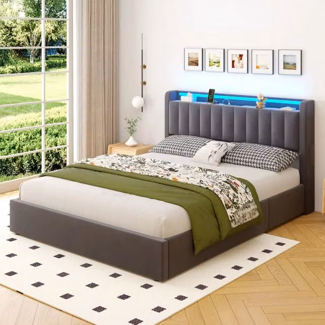 Letto imbottito 160 × 200 Letto per bambini con luce LED e prese elettriche; letto boxspring con contenitore; grigio (senza materasso)