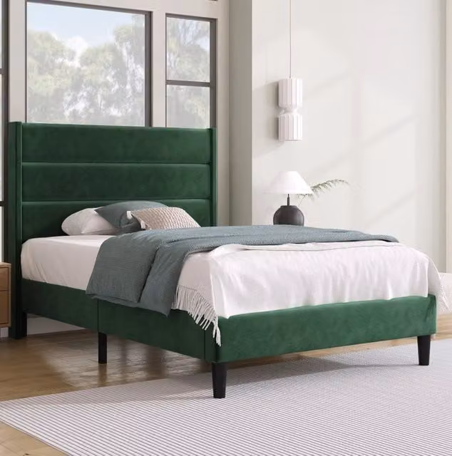 Letto imbottito 90x200 cm con rete a doghe e testiera in velluto verde scuro