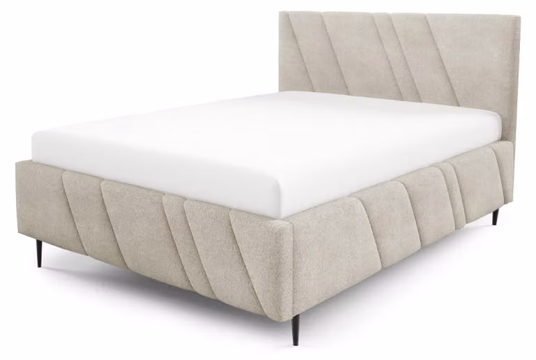 Letto imbottito con contenitore, modello Raiz, color sabbia taupe, dimensioni 180 x 200 cm