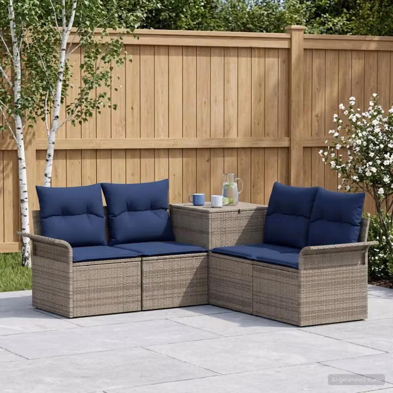 Set di divani da giardino vidaXL a forma di U con cuscini, colore grigio e blu, in rattan sintetico e acciaio verniciato a polvere