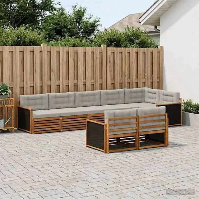 Set di divani da esterno a L vidaXL in legno di acacia con cuscini, 8 pezzi, Beige e Grigio