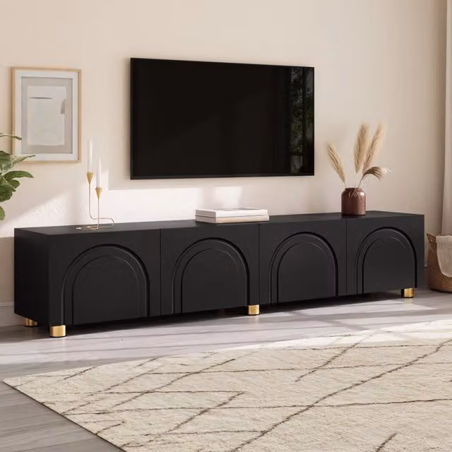 Mobile TV basso REDOM nero in MDF e metallo per soggiorno, L: 180 cm, P: 35 cm, H: 40 cm