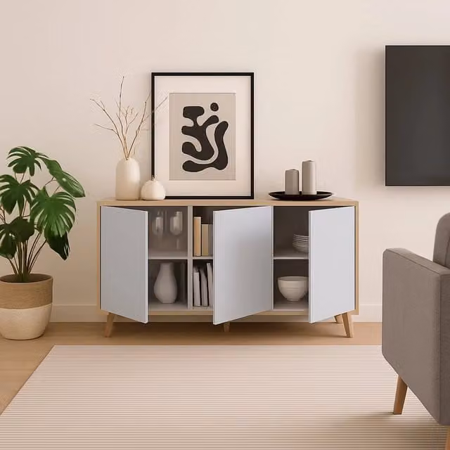 Credenza Acrolorum DMORA, Madia moderna a 3 ante con ripiani per soggiorno o cucina, Rovere e Bianco, L: 154 cm, P: 40 cm, H: 75 cm