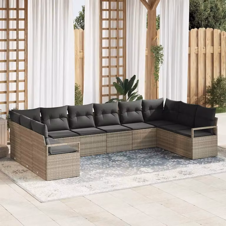 Set di divani da giardino vidaXL a forma di U in rattan grigio con cuscini inclusi