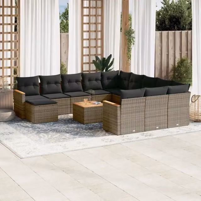 Set di Divani da Giardino vidaXL in Polyrattan Grigio con Cuscini e Tavolino, Design Moderno a Forma di U per Terrazza e Balcone