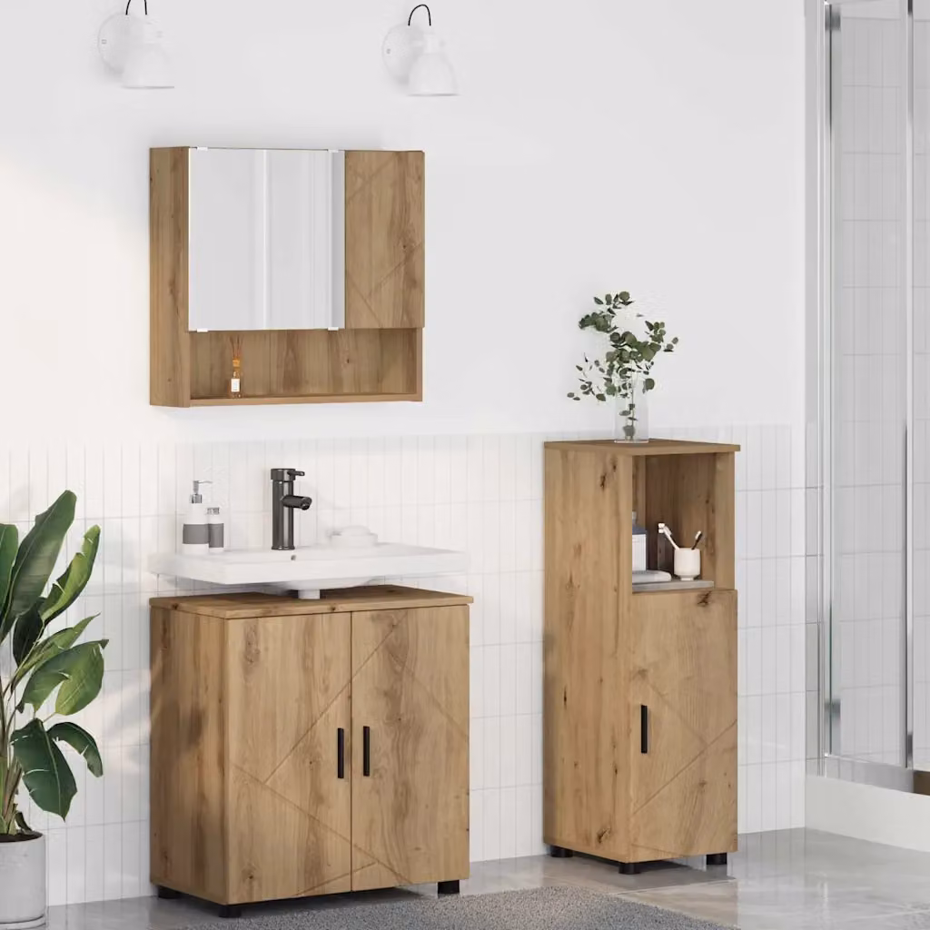 Set di mobili per il bagno moderno vidaXL in 3 pezzi color rovere con mobile lavabo, pensile specchio e colonna alta – 1