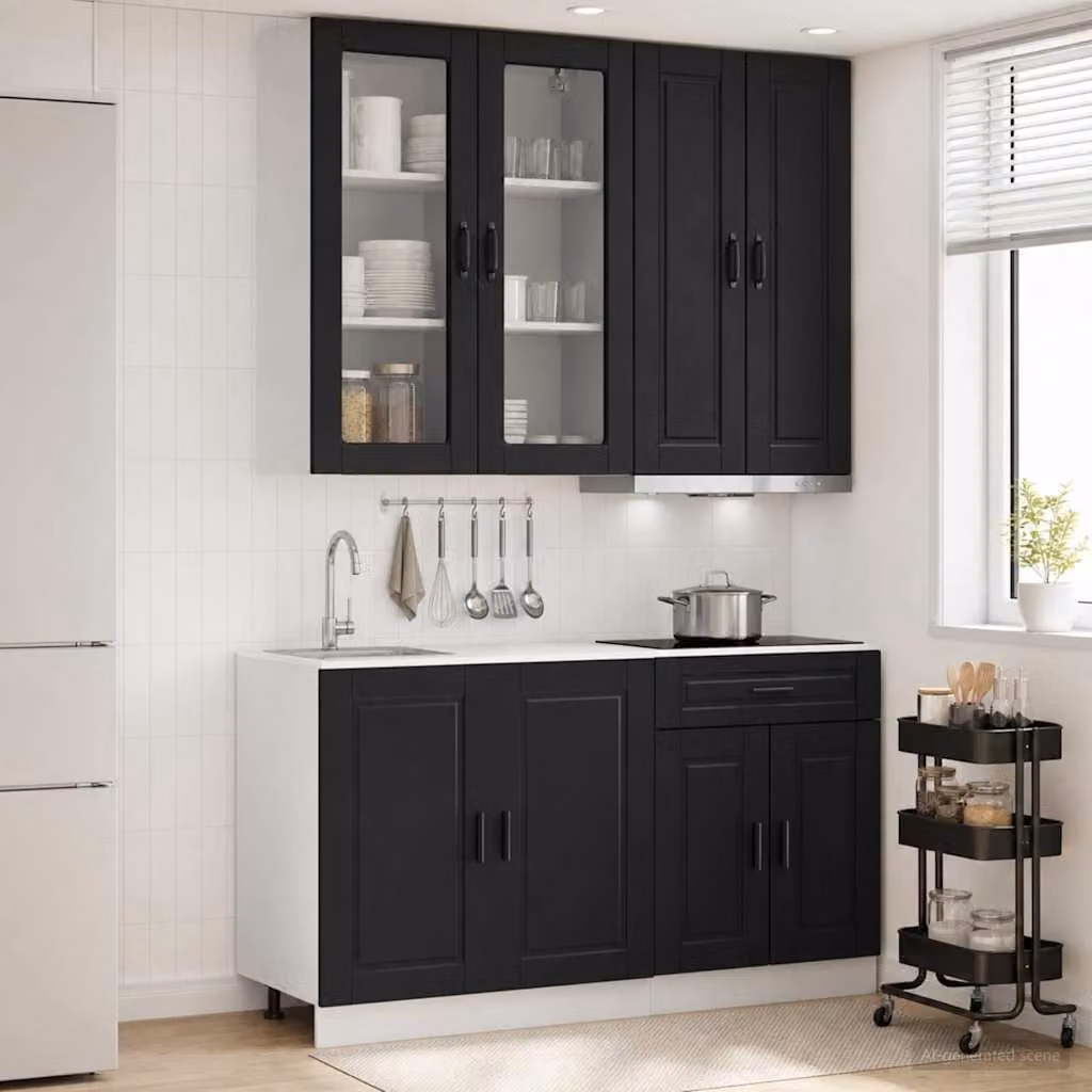 Set di mobili da cucina vidaXL PORTO composto da 4 pezzi in MDF nero opaco con ante in vetro