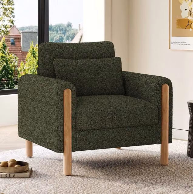 Poltrona lounge moderna MODFU in tessuto boucle verde con struttura in legno massello L: 83 cm, P: 87 cm, H: 88,5 cm – 1