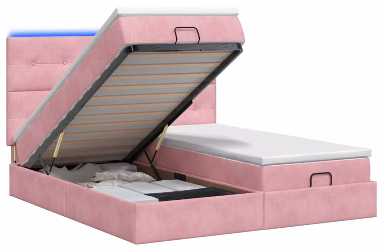 Pouf contenitore con materasso e luci LED rosa, 180 x 200 cm, rivestito in velluto