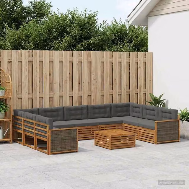 Set di divani da esterno a L vidaXL in legno di acacia con cuscini, colore antracite e beige – 1