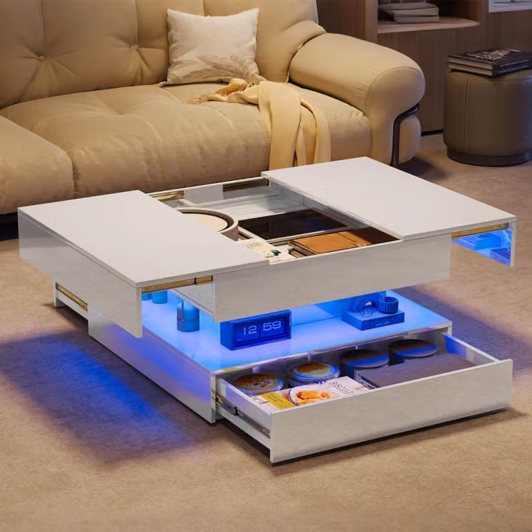 UnboxG Tavolino da salotto 78×78×43 cm Bianco, tavolo quadrato lucido con cassetto, spazio contenitivo e luce d'atmosfera a LED controllabile tramite app, allungabile, tavolino da salotto e tavolino di servizio