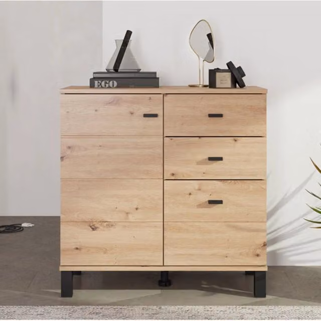 Madia Ollant DMORA con 3 cassetti, colore Marrone Rovere Nodi, L: 77 cm, P: 35 cm, H: 78 cm