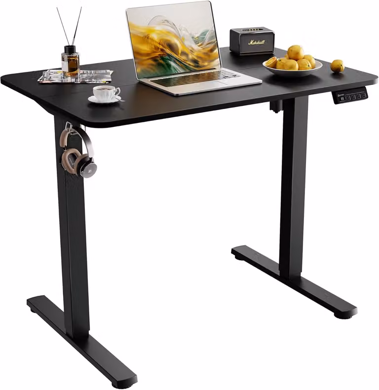 Scrivania per computer, scrivania regolabile elettricamente, 90 x 60 cm, con possibilità di utilizzo in piedi, 2 posizioni di memoria, 2 ganci, piano diviso, adatta per l'uso domestico e professionale