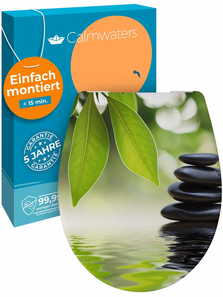 Sedile per WC Calmwaters® motivo Wellness Oasis di facile installazione, coperchio per WC fino a 250 kg, EU, duroplastica antibatterica, meccanismo di chiusura morbida, 2 opzioni di installazione, rimovibile, sedile per WC, ovale