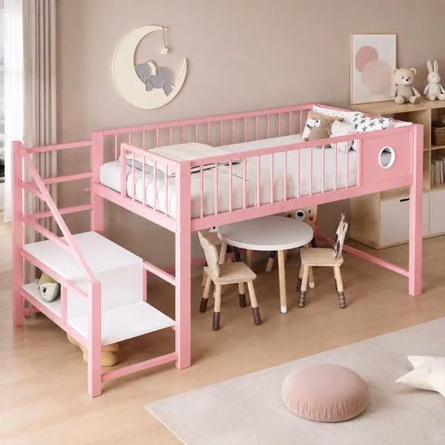 Letto a soppalco basso 90 x 200 cm con scala contenitore in metallo; rosa