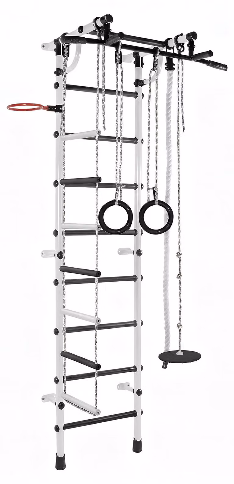 Spalliera per bambini: struttura da arrampicata da interno in metallo con scala di corda e ruote da ginnastica – Gamma Plus, nero