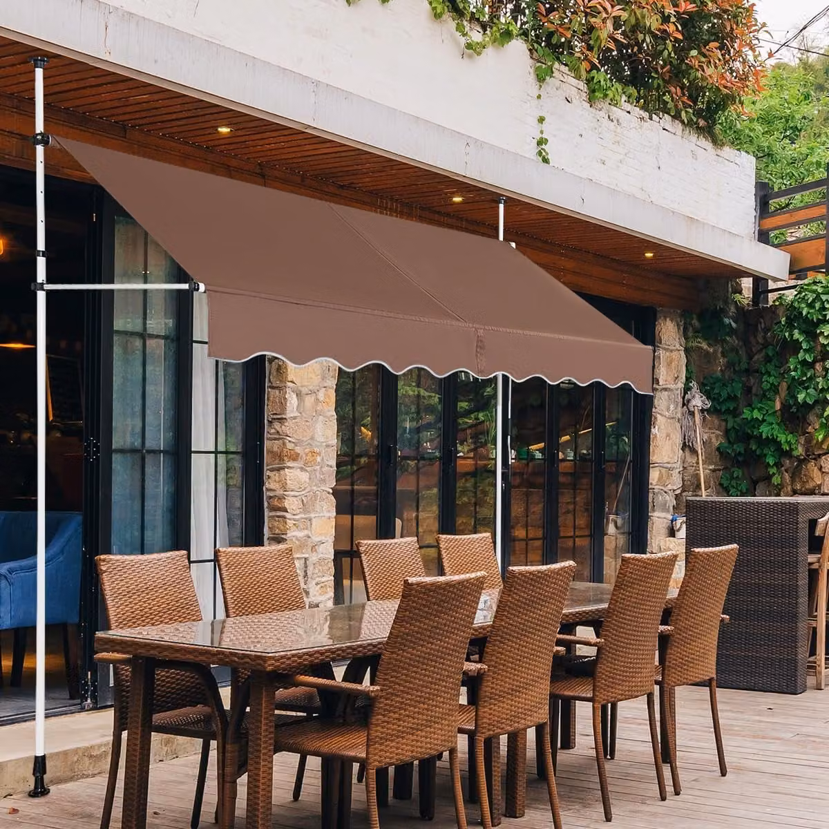 Tenda da sole retrattile e telescopica Costway con manovra a bracci pieghevoli, parasole impermeabile resistente ai raggi UV in alluminio e poliestere, colore marrone