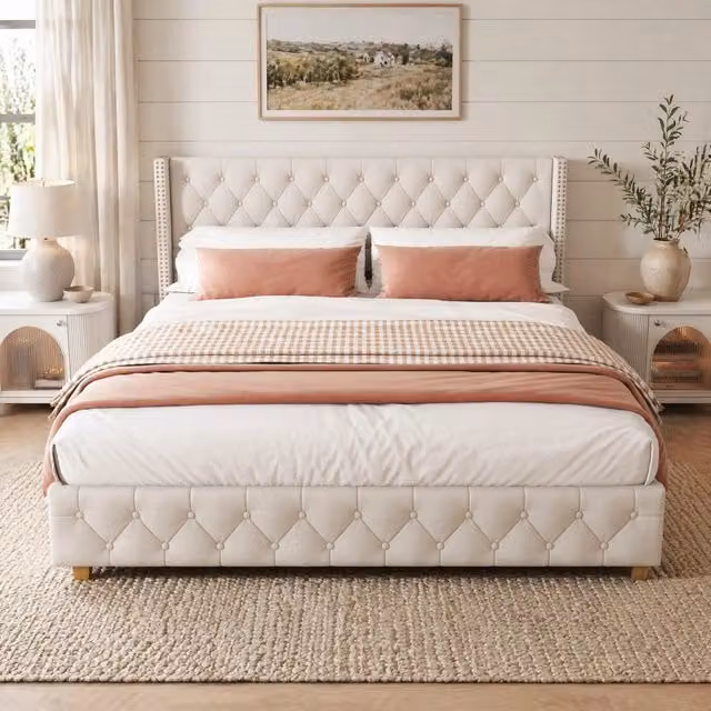 Letto imbottito 160 × 200 cm con rete a doghe e testiera capitonné in lino beige con gambe in legno