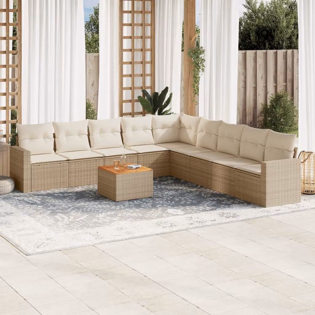 vidaXL Set Divano da Giardino a L da 10 Pezzi con Cuscini Beige e Tavolino da Caffè in Polyrattan e Acciaio – 1