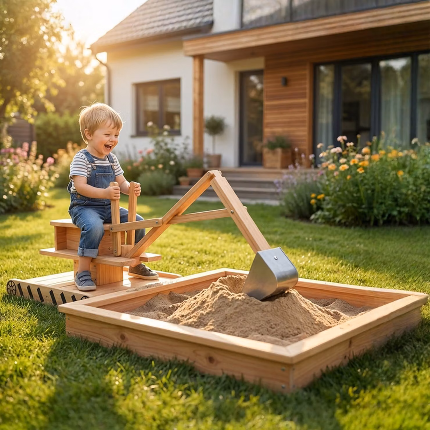 Sabbiera per bambini AIYAPLAY in legno con escavatore, sedile girevole 360° e rivestimento, colore naturale, L: 184 cm, P: 90 cm, H: 56 cm – 2