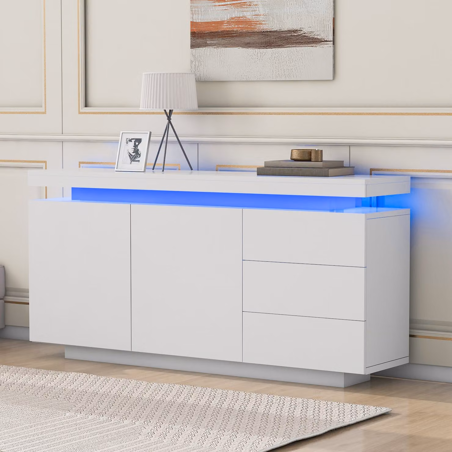 okwish credenza mobile soggiorno moderno cassettiera credenza mobile 2 ante 3 cassetti credenza lucida con luce LED senza maniglie 140x35x72,5cm - Bianco