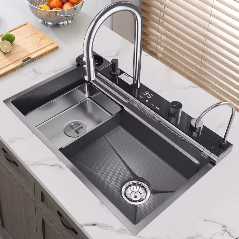 Lavello da cucina in acciaio inossidabile 304, dimensioni 75x45 cm, con un'ampia vasca singola e un set di rubinetti integrato con display digitale