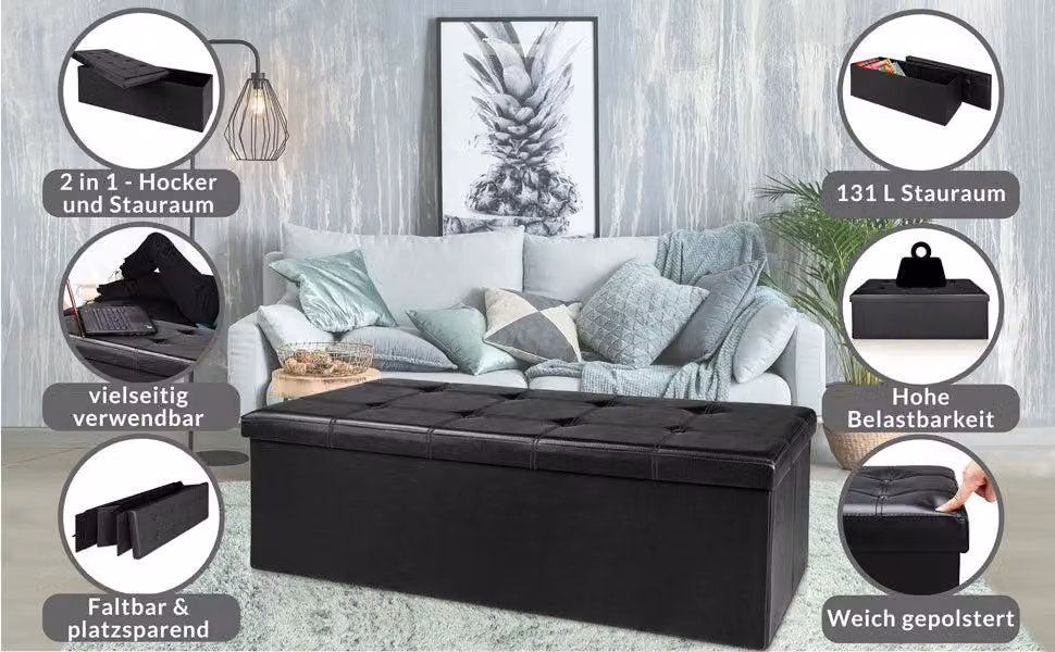 Panca contenitore pieghevole, nera, 115x38x38cm, MDF
