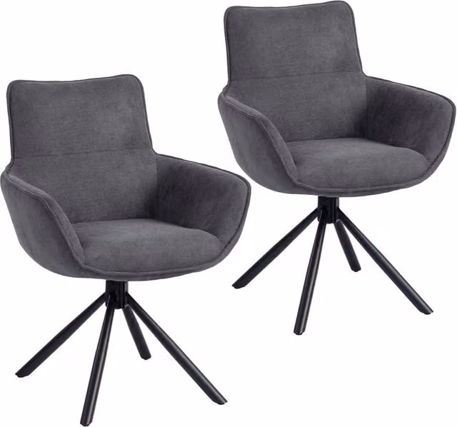 Set di 2 sedie da pranzo girevoli con braccioli, imbottite, struttura in metallo, colore grigio scuro