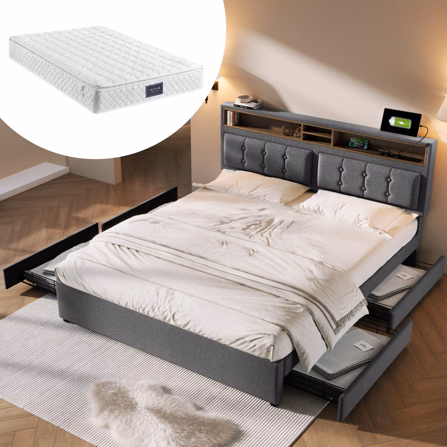 Letto imbottito MODFU, matrimoniale 140x200 cm, con 4 cassetti, dotato di porta USB e presa Type-C, contenitore per biancheria, struttura del letto (senza materasso), colore grigio