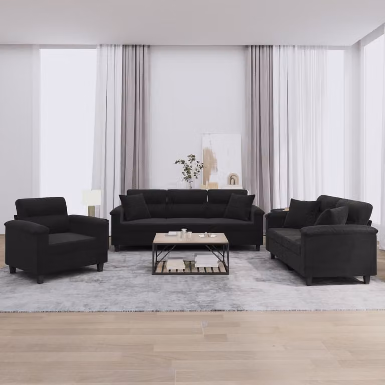 Set di divani 3 pezzi vidaXL in microfibra nera con cuscini per soggiorno moderno