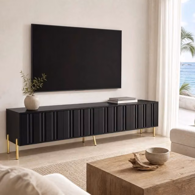 Mobile TV ULEVR 190x38x48 cm con 4 ante, 8 ripiani e gambe dorate, nero