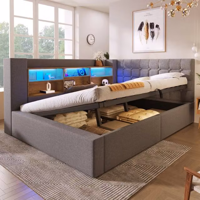 Letto 140x190 cm in lino, metallo e legno con LED, contenitore idraulico e testiera a L grigia