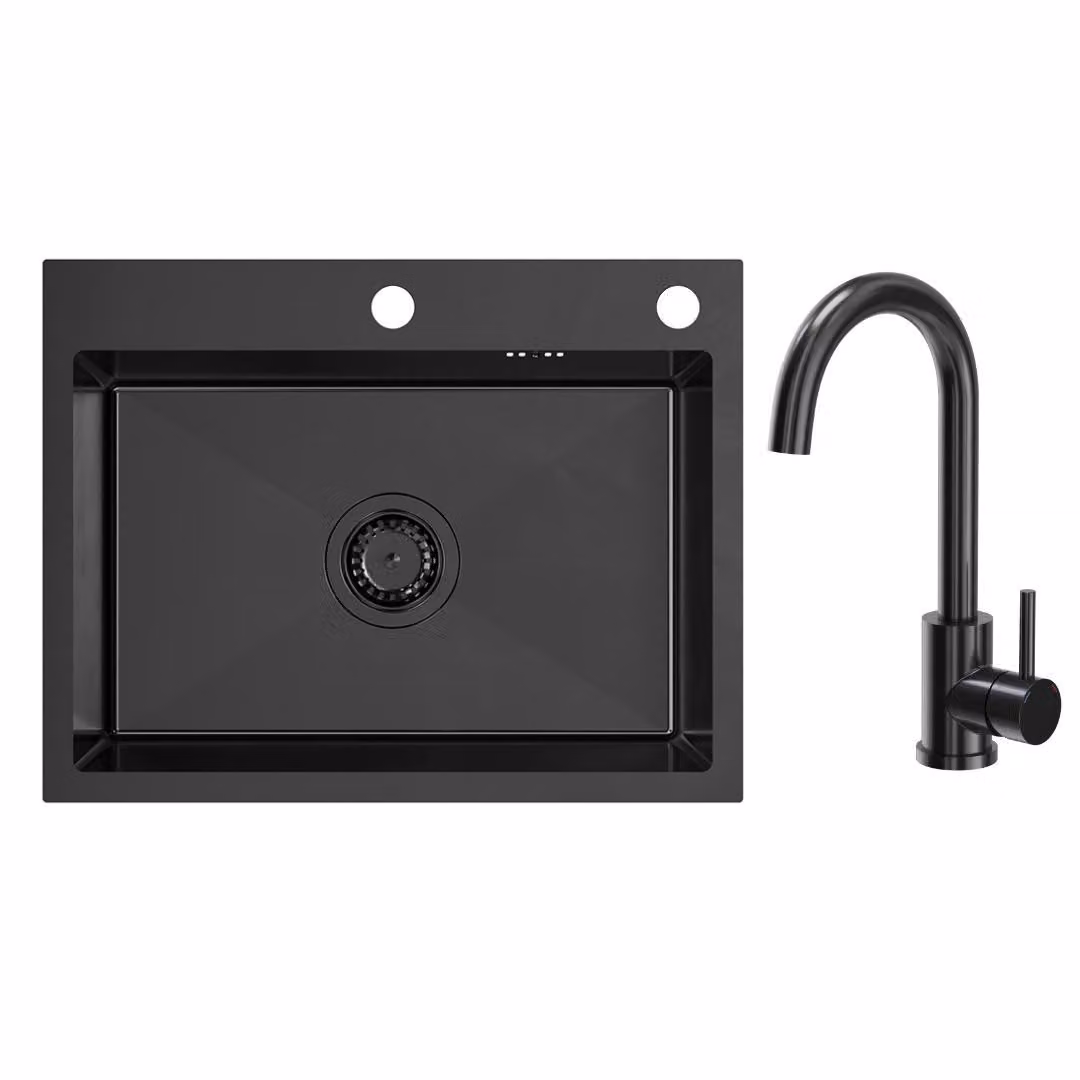 VBChome Lavello 58 x 45 x 20 cm Acciaio inox nero con rubinetteria di alta qualità nera – Design intramontabile per ogni cucina