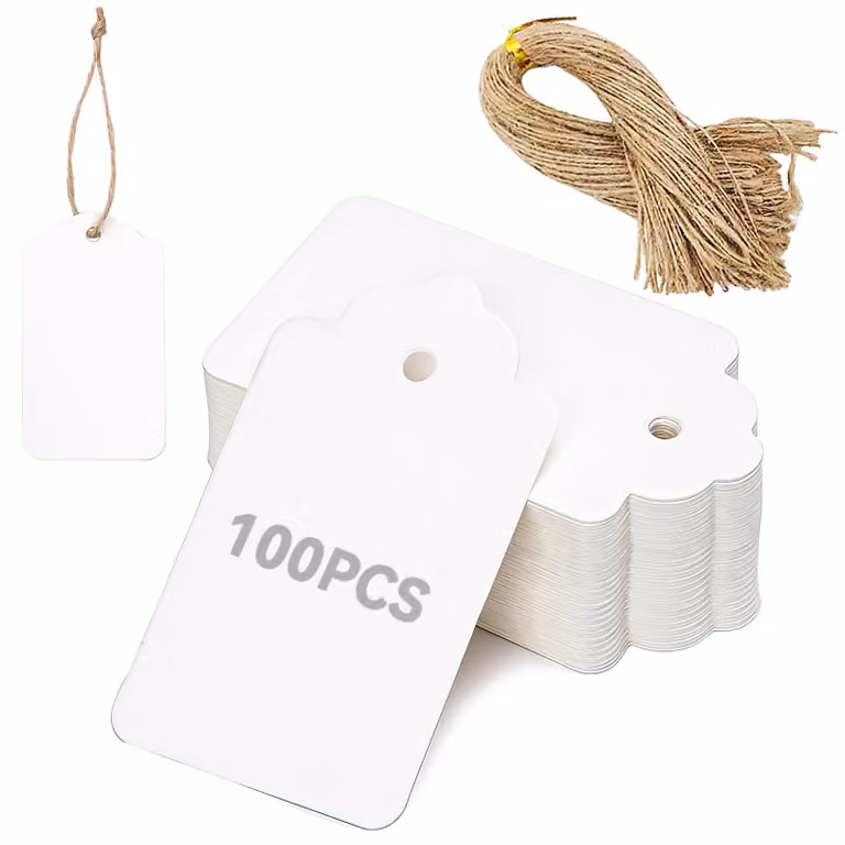 100 etichette per appendini con cordino di iuta, 4x7 cm, colore bianco