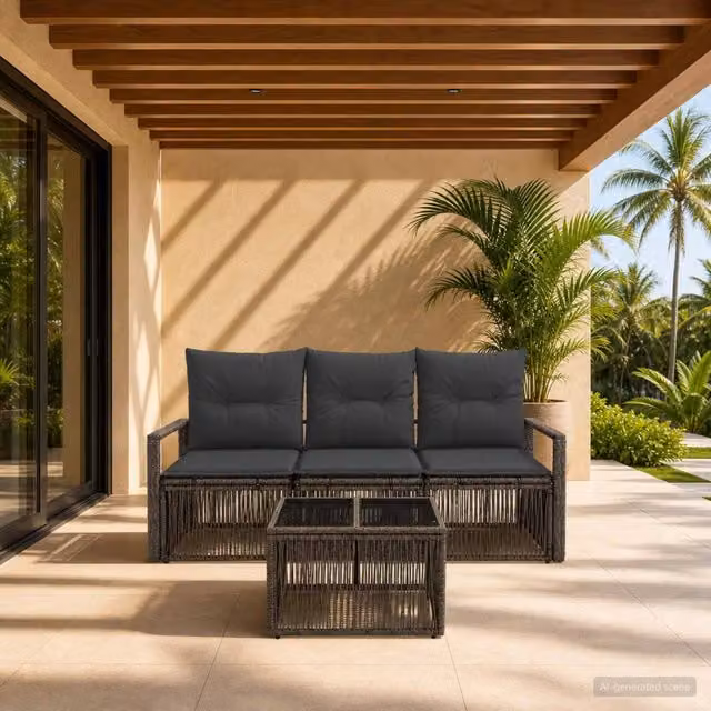 Set Divano da Giardino 4 Pezzi vidaXL Grigio con Tavolino e Cuscini Imbottiti in Polyrattan e Metallo