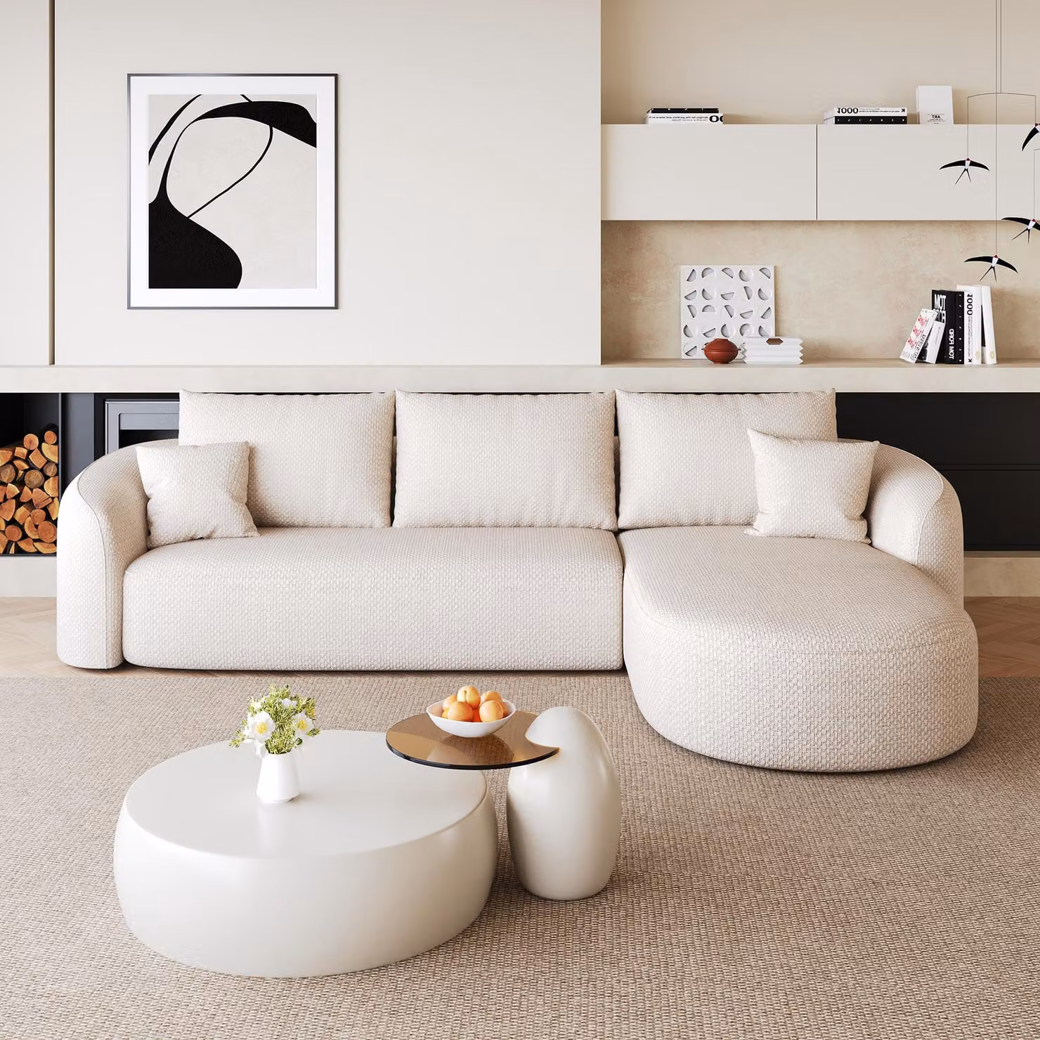 Divano angolare MODFU a forma di L, divano modulare a 2 posti con chaise longue a destra, dimensioni 266 x 168 x 85 cm, divano componibile senza montaggio, divano letto per soggiorno, colore bianco