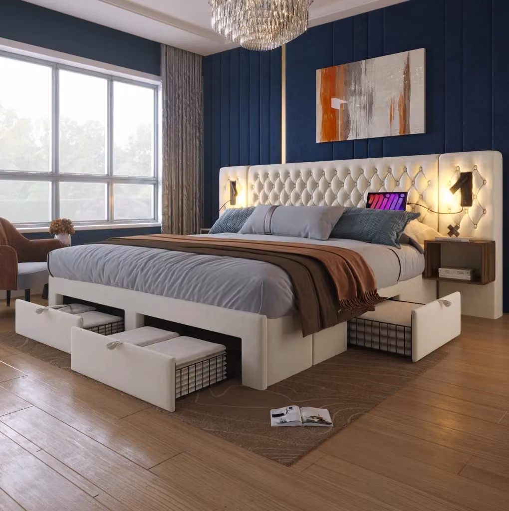 Letto matrimoniale MODFU in velluto beige con 2 comodini, 4 cassetti, luci di lettura integrate e ricarica USB Type C, L/P: 180 x 200 cm – 2