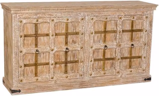 Credenza Wanderlust Deco in legno di mango bianco con dettagli floreali L: 180 cm, P: 46 cm, H: 96 cm