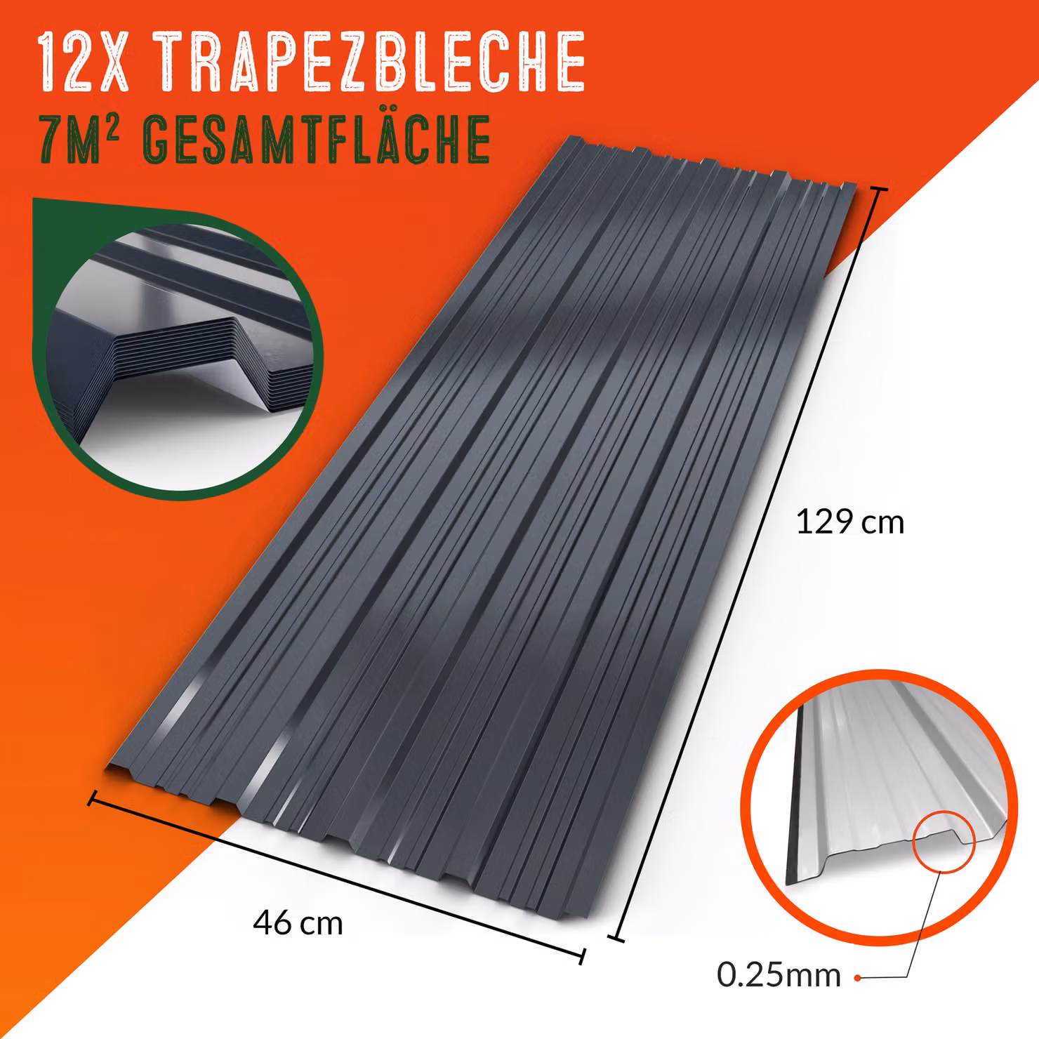Set di 12 pannelli per tetto ondulati trapezoidali Gardebruk in acciaio zincato antracite, copertura 7 m², L: 129 cm, P: 46 cm – 3