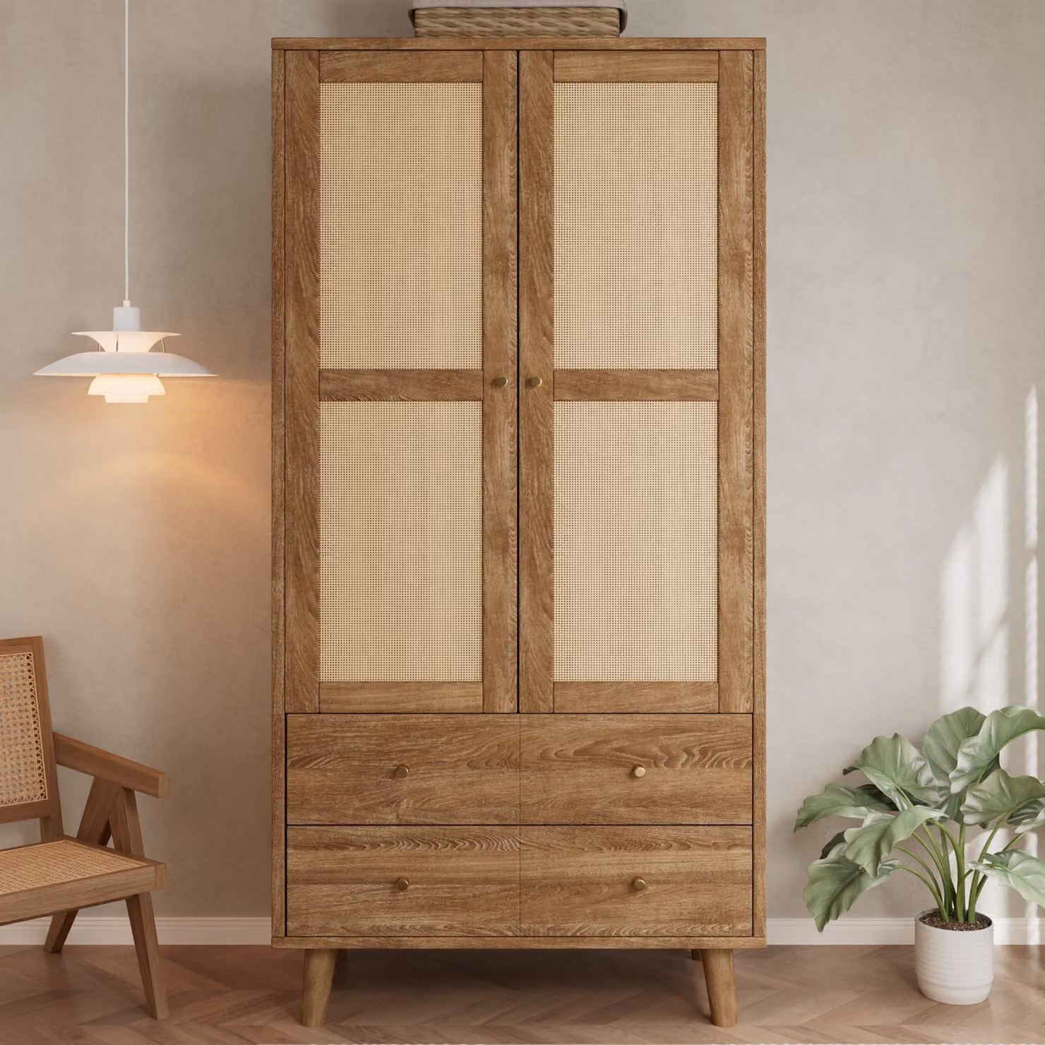 Armadio di 80x50x180 cm con aspetto in legno naturale scuro, struttura in MDF, design in rattan, asta appendiabiti e 2 cassetti, ideale per la camera da letto o l'ingresso