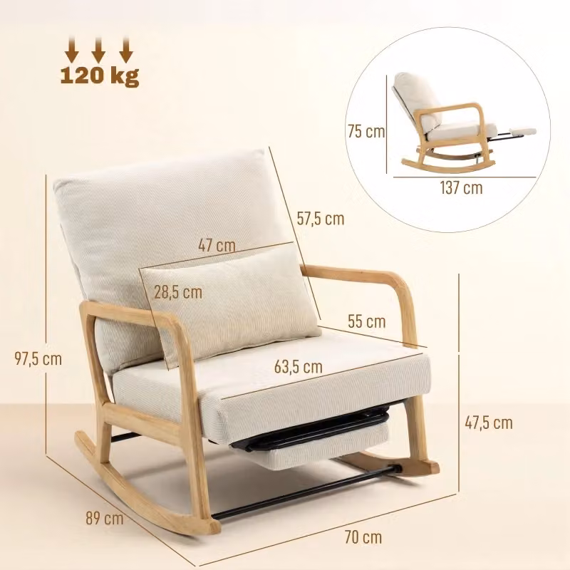 Poltrona a dondolo relax REDOM con poggiapiedi e schienale regolabile, rivestimento in tessuto beige, L: 84.0 cm, P: 22.0 cm, H: 66.0 cm – 2